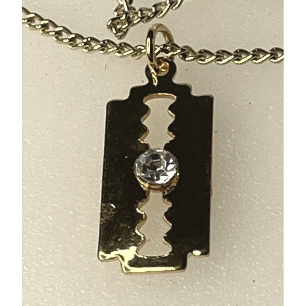 Vintage Gold-Tone Razor Blade Pendant Necklace With Crystal Accent On 16" Chain